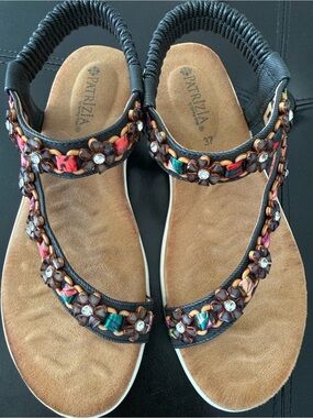 Patrizia Embellished Beaded T-Strap Sandals Size 37 / US 6.5-7
